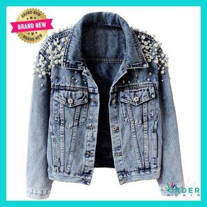 Embroidered Denim Jacket Pearl Rivet Details Distressed Boyfriend Fit Y2K